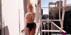 Petite small titted blonde teen Elsa Jean stripping on the fire escape