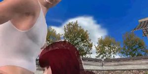 Sexy 3D cartoon redhead gets double teamed outdoors