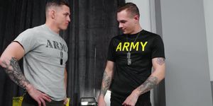 Two sexy soldiers Brock Kniles and Jayden Miles anal fucking at the camp bed
