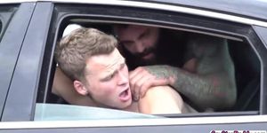 Muscled stepdad hot fuck in the backseat wit his stepson