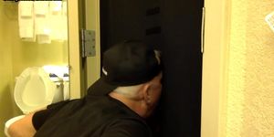 Dirty gay men sucks and jerks off cock in gloryhole