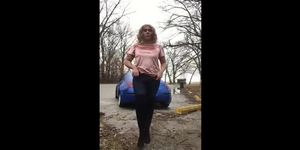 Outdoor Handjob by a Crossdressing Amateur