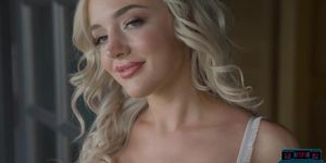 Curvy teen blonde Katy Belle showing everything in white lingerie