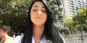 Amateur Eurobabe flashes big tits and slammed in public
