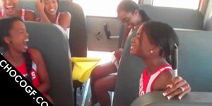 Choco cheerleaders making out in school bus