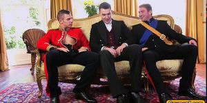 Royal threesome mouth to ass gay action