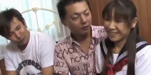 Momo Aizawa in uniform sucks and rubs dicks and has cra
