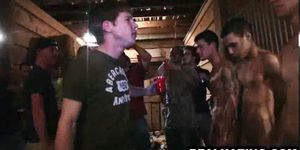 Frat boy hunk sucking on a cock for a crowd 