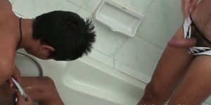 Asian twink peeing before jerking and cumming