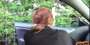 Redhead Ella Hughes gives blowjob and quickie for a rid
