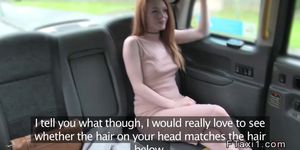 Petite redhead flashing knickers in fake taxi