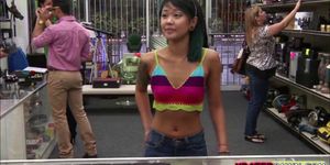 Bitchy Asian seller with nice tits sucks a big hard dic
