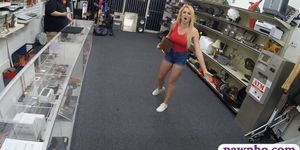 Busty blond babe gets her pussy railed by perv pawn guy