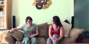 Chubby Amanda talks to guy sofa