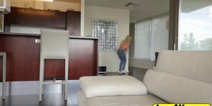 Sexy step mom gives pussy fingering service to cute blo