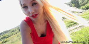French blonde teen fucked on the hood outdoors