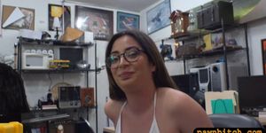 Babe with glasses in white top banged by pawn keeper