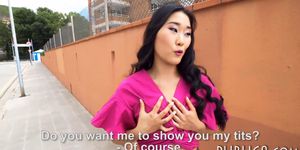 Gorgeous asian beauty flashes tits and fucked in public