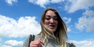 Busty teen cockriding outdoors in public