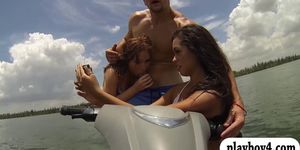 Two horny hot babes nasty foursome session on speedboat