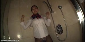 Japanese busty maid shower clothed sex