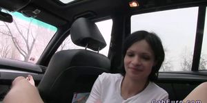Busty babe gives titsjob in fake taxi in public