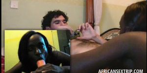Cum starved Afro nymph giving BJ to white horny stud in