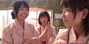 Group of tiny Japanese babes sharing cock in onsen