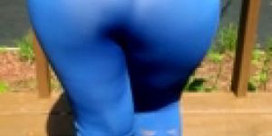 sexy wife's ass in blue leggings