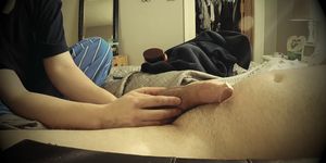 Massage and hand job on a short fat dick.