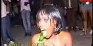 Ebony chick masturbates with bottle in public with an a