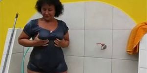 Brazilian granny  shower outside