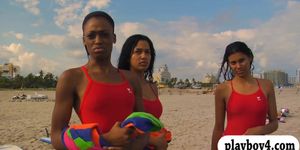 Hot playmates in red bikini lesbian scene by the shore
