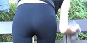 Hot tight shinny leggings ass with vpl thong showing