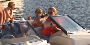 Drunk and horny chicks show their perky tits outdoor