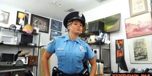 Busty police officer pawns her weapon and fucked by paw