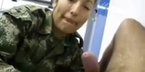 Asian horny female soldier sucking and swallow