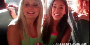 Horny college babes making out in school bus 