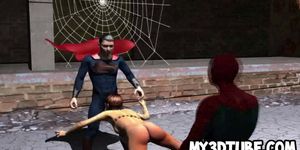 3D hottie double teamed by Spiderman and Superman