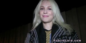 Blonde Russian bangs in public place
