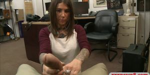 Tattooed babe sells a sculpture and fucked by pawn dude