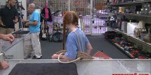 Small tits redhead babe gets smashed at the pawnshop