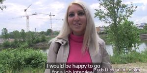 Euro blonde strips to lingerie outdoor and fucks
