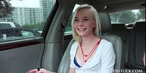 Playful blonde flashing boobs and cunt in car