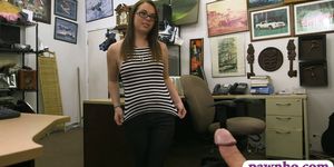 Woman with glasses screwed by pawn dude in his office