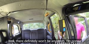 Dirty blonde sucks dick after pissing in fake taxi