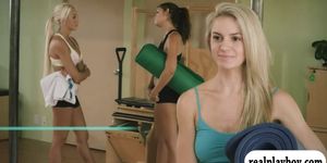 Hot big boobs blond coach teaches 2 babes yoga exercise