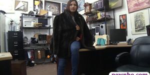 Cute babe in fur coat boned by pawn man at the pawnshop