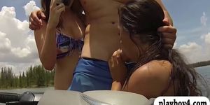 Two sexy coeds fucked by nasty guys on the speedboat