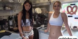 Cutie fucked in ice cream rolling cart for some money